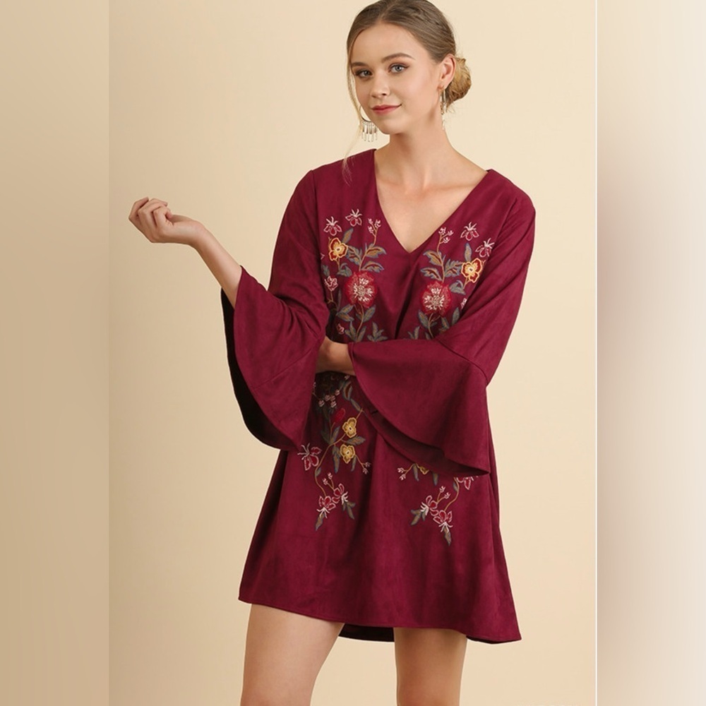 Umgee | Embroidered Floral Whimsygoth Red Bell Sleeve Tunic Dress | NWT!